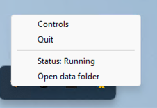 The AutonomousKoi popup menu showing Controls, Quit, program status, and Open data folder